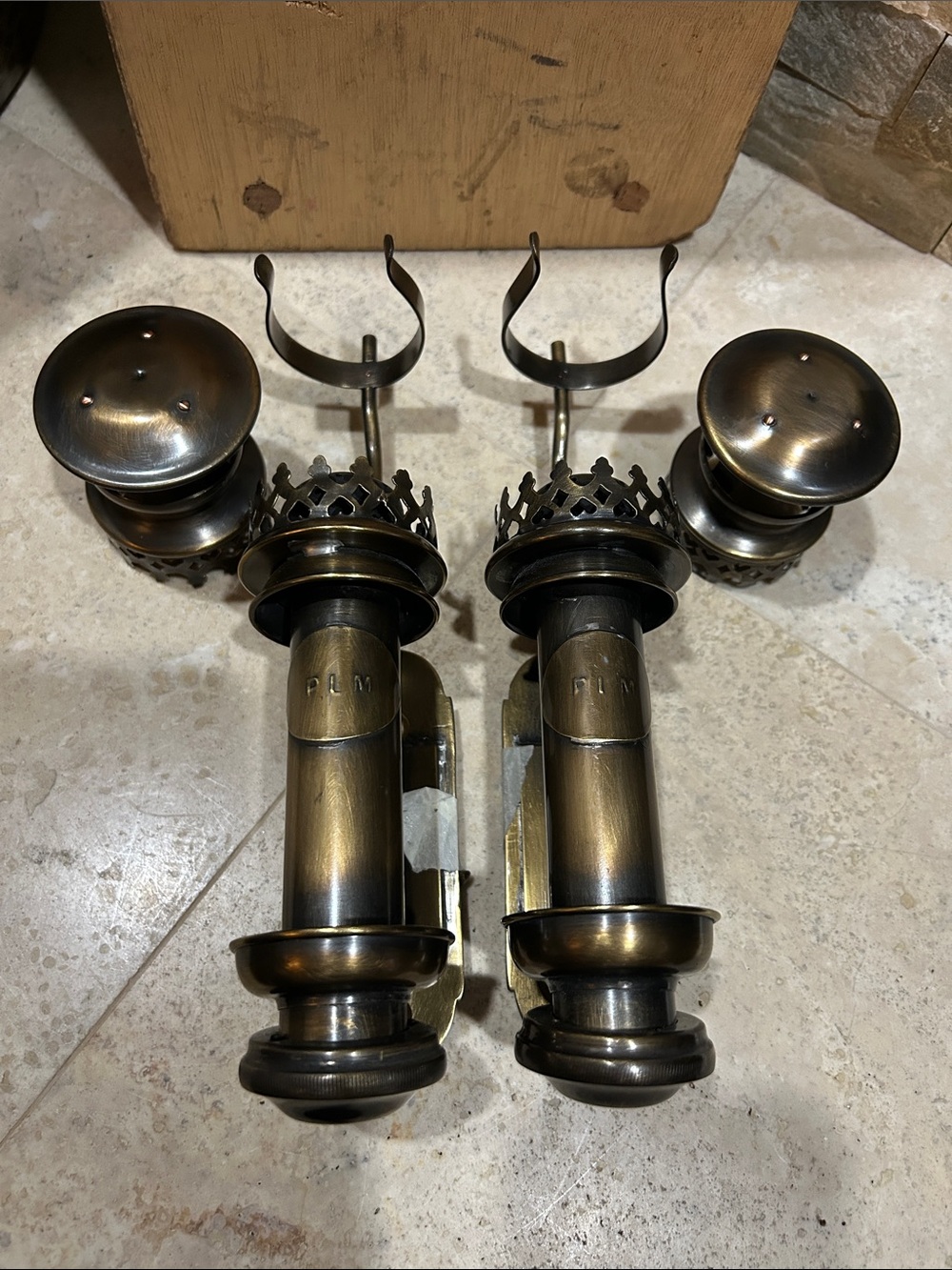 Pair of antique French PLM brass railroad carriage Wall Sconces- no glass